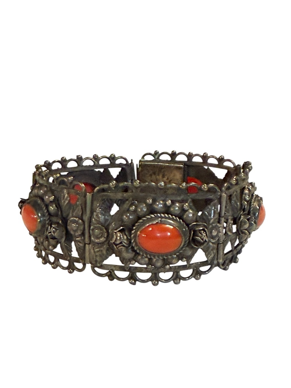 Vintage 1930's Etruscan Revival Franconeri Red Coral 800 Silver Hinged Bracelet - Picture 2 of 10